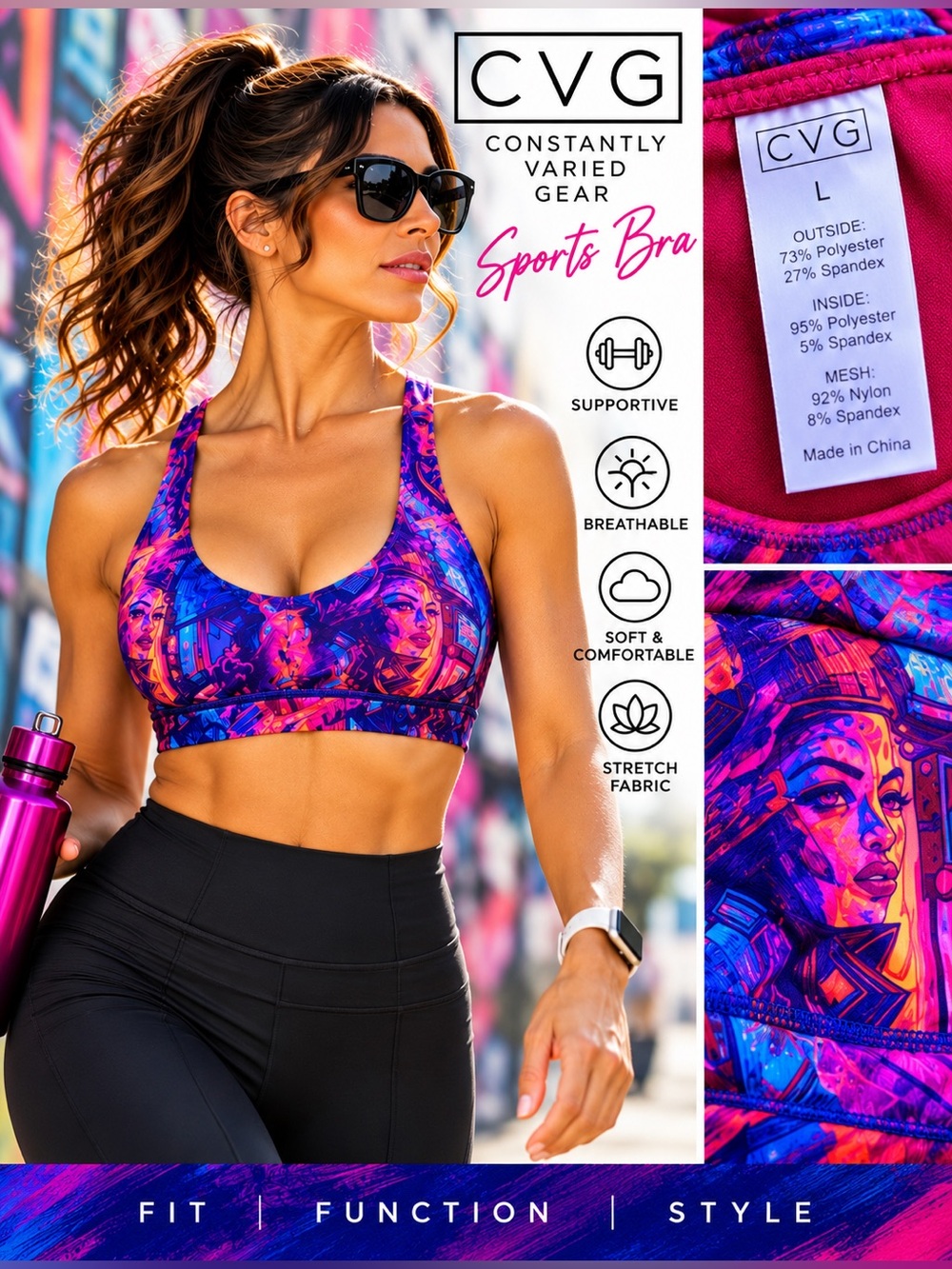 3383 Constantly Varied Gear Violet and Pink Printed Strappy Sports Bra